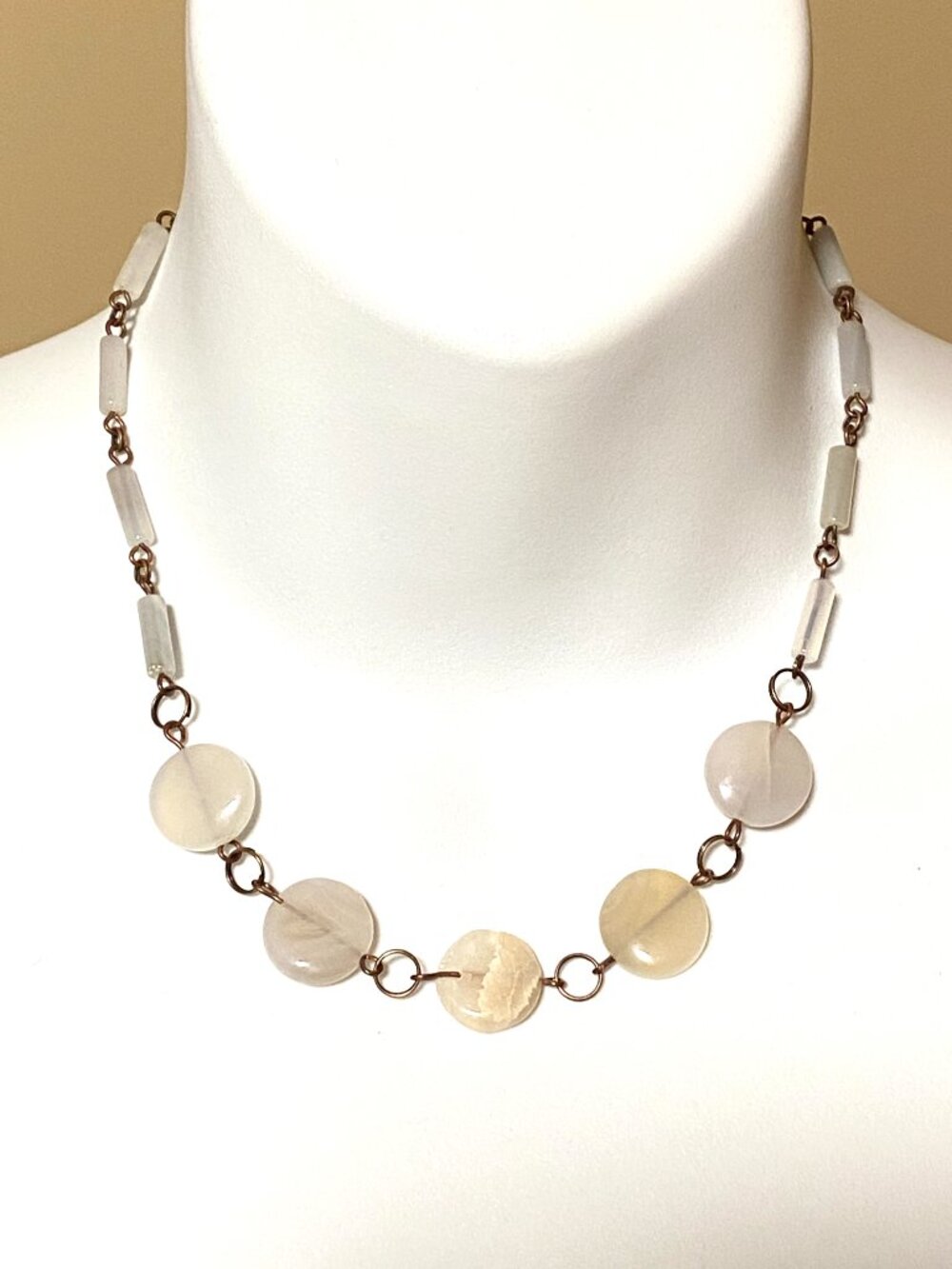 Geometric Round Agate Necklace, Genuine Gemstone Copper Link Necklace